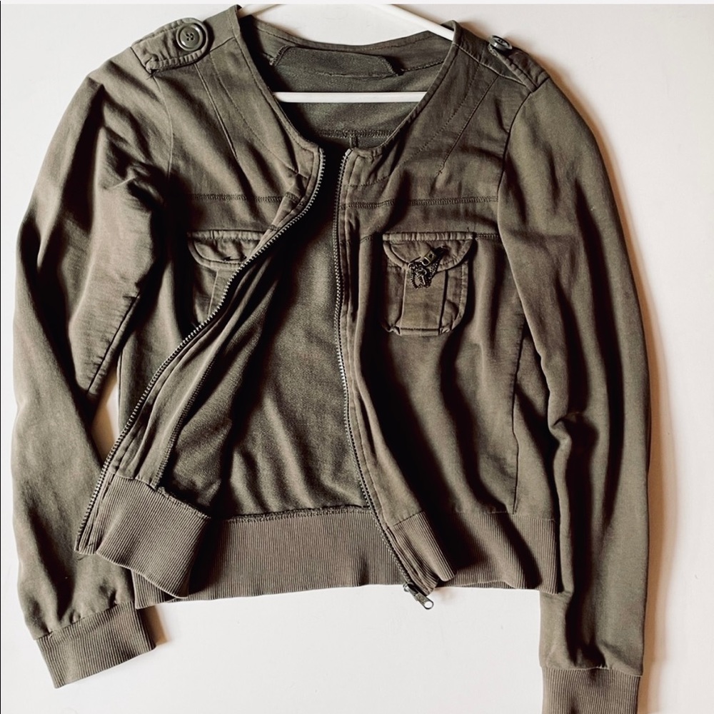 Zip up fleece girly utility knit top jacket utility details size M